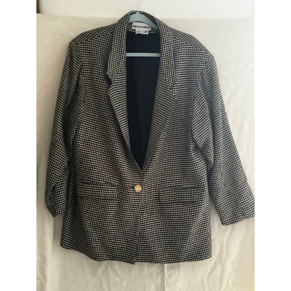 VTG Houndstooth Blazer Black White Single Gold Button Jacket Parsons Place Med